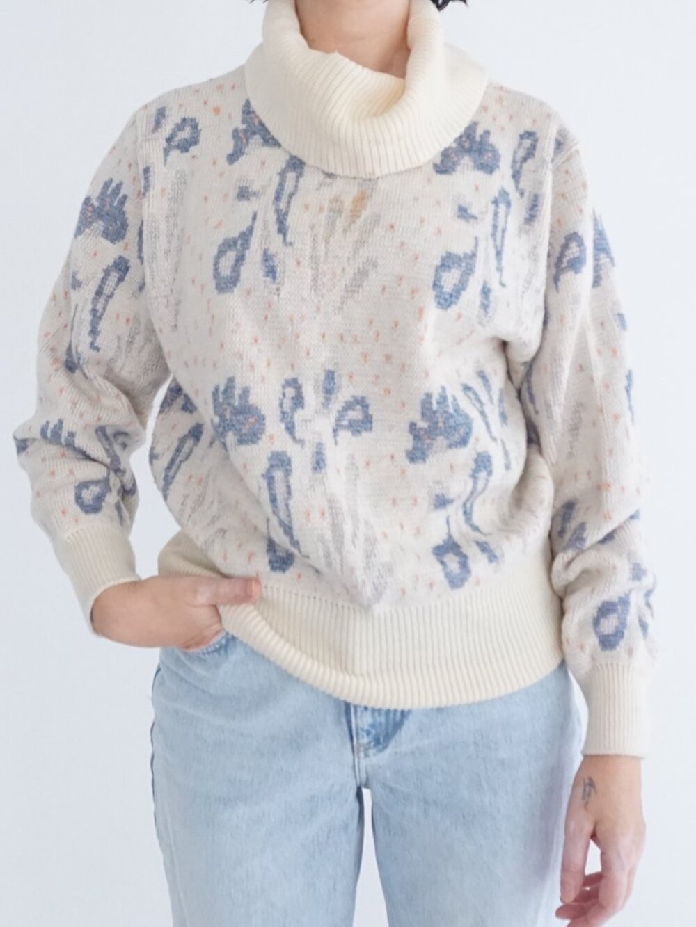 Vintage Masor Cream Blue Abstract Floral Speckled Turtleneck Knit Sweater L